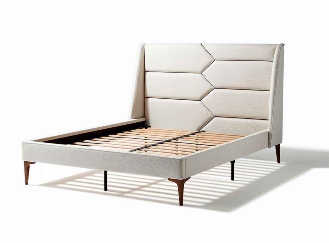 Upholstered platform bed frame with geometric headboard wood legs 200 x 160 x 100cm