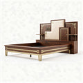 Modern wooden bed frame with brass accents and decorative headboard 200 x 160 x 40cm