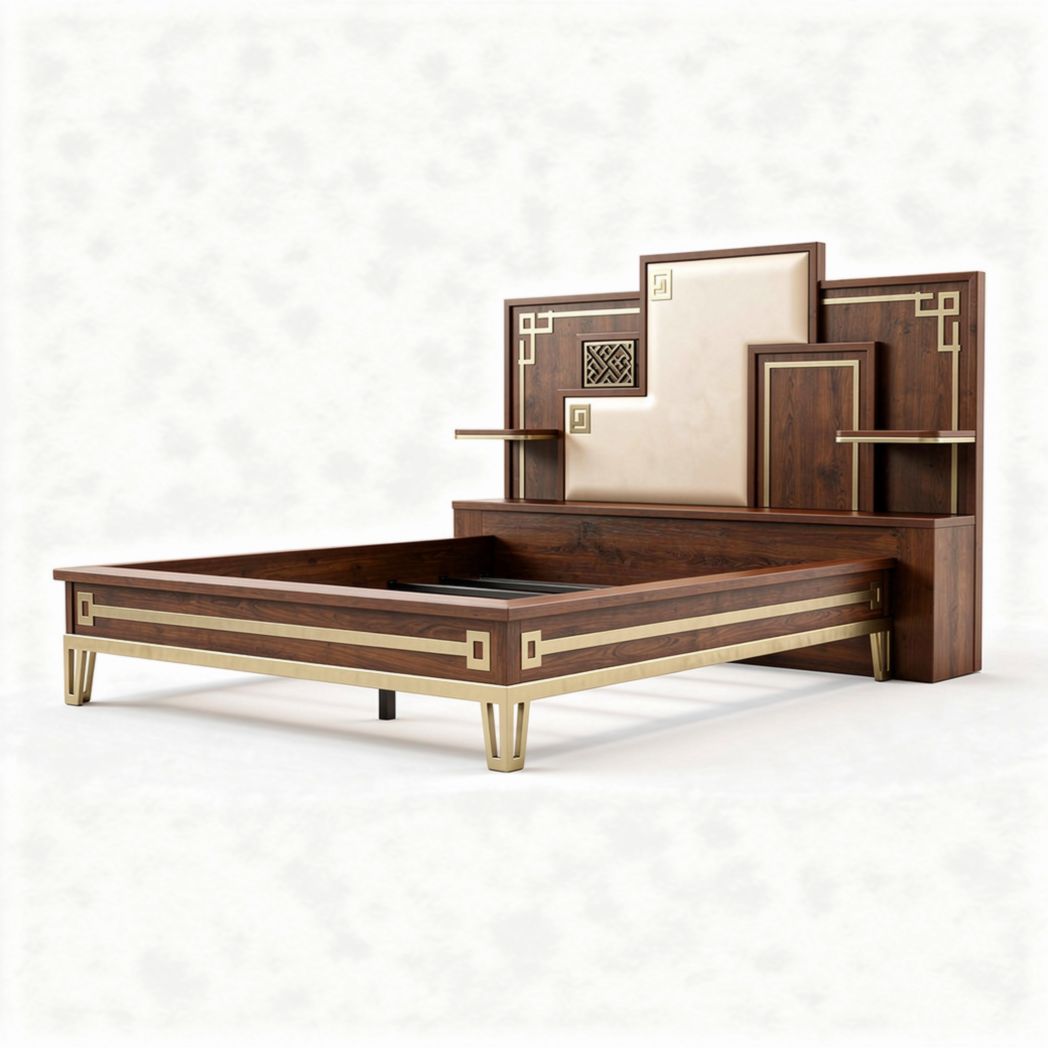 Modern wooden bed frame with brass accents and decorative headboard 200 x 160 x 40cm