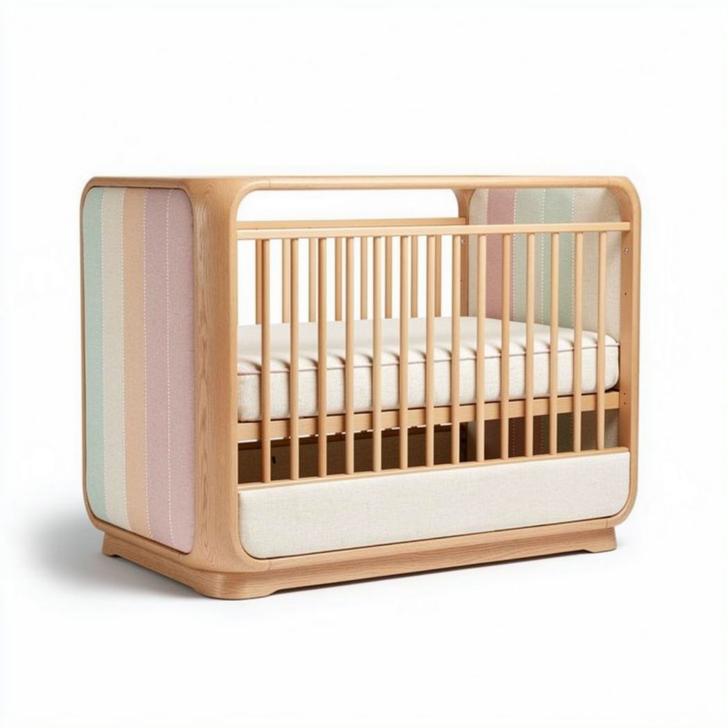 Wooden baby crib with soft fabric panels in pastel colors 120 x 60 x 80cm