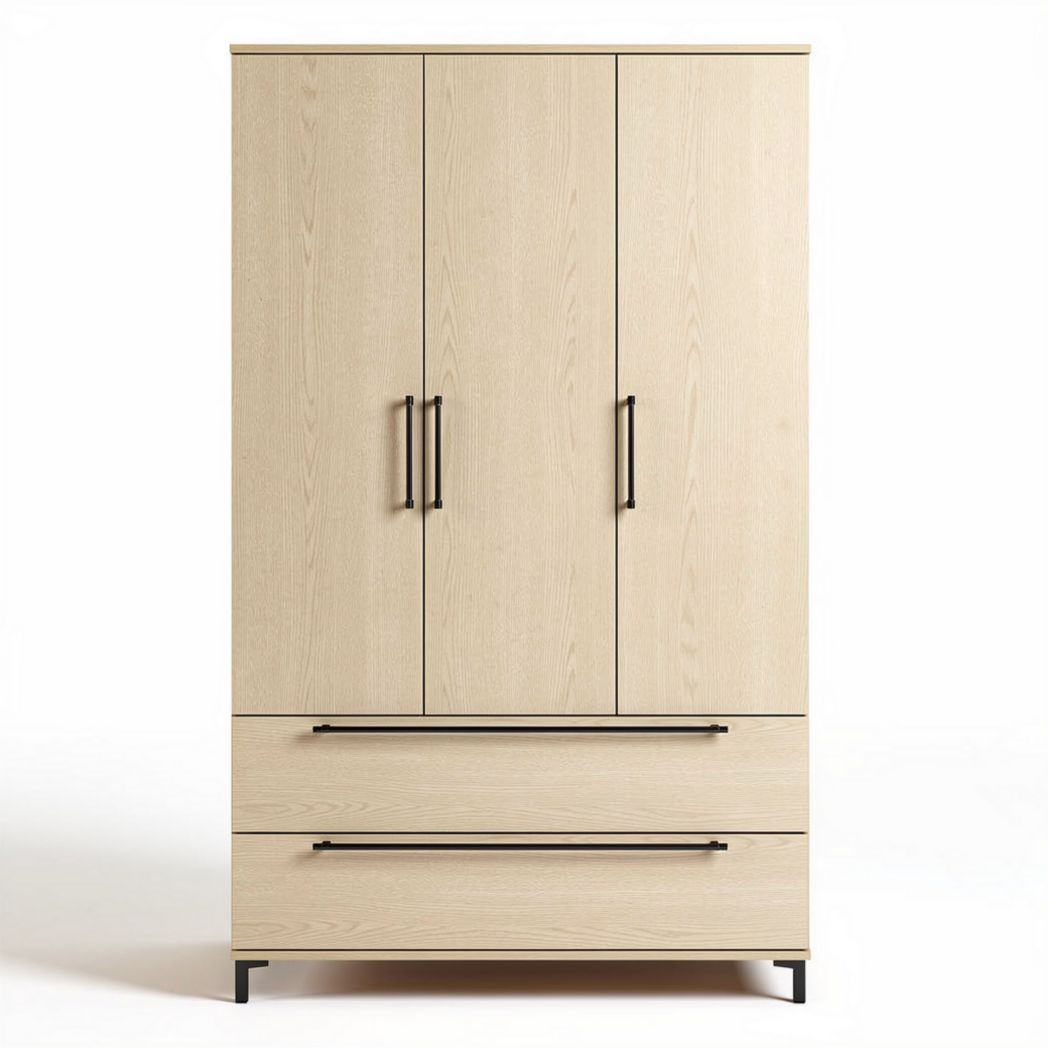 Wooden wardrobe with three doors and two drawers in natural finish 180 x 100 x 50cm