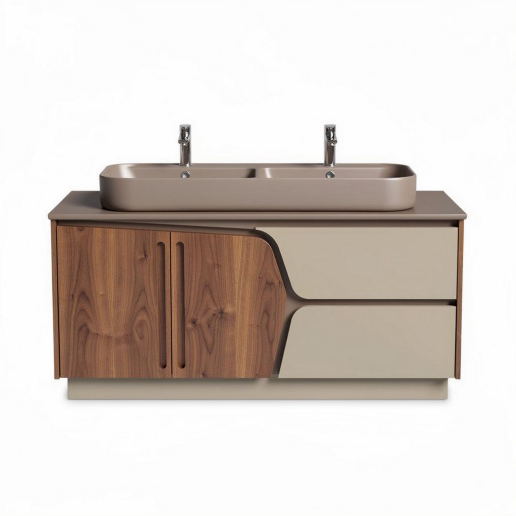 Modern double sink bathroom vanity with wood finish and cream storage 120 x 50 x 80cm