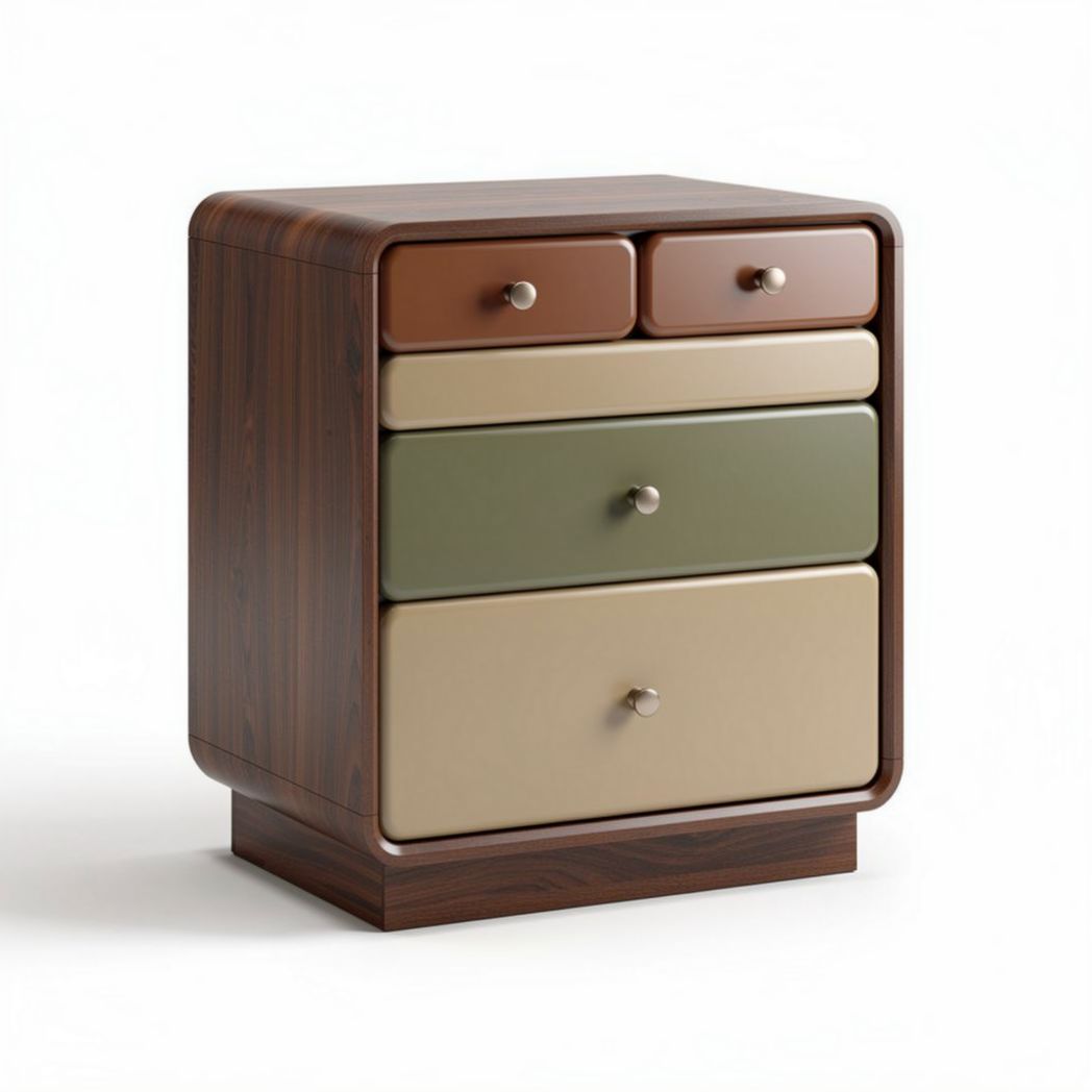 Mid-century modern nightstand with four drawers in walnut and pastel finish 40 x 40 x 70cm