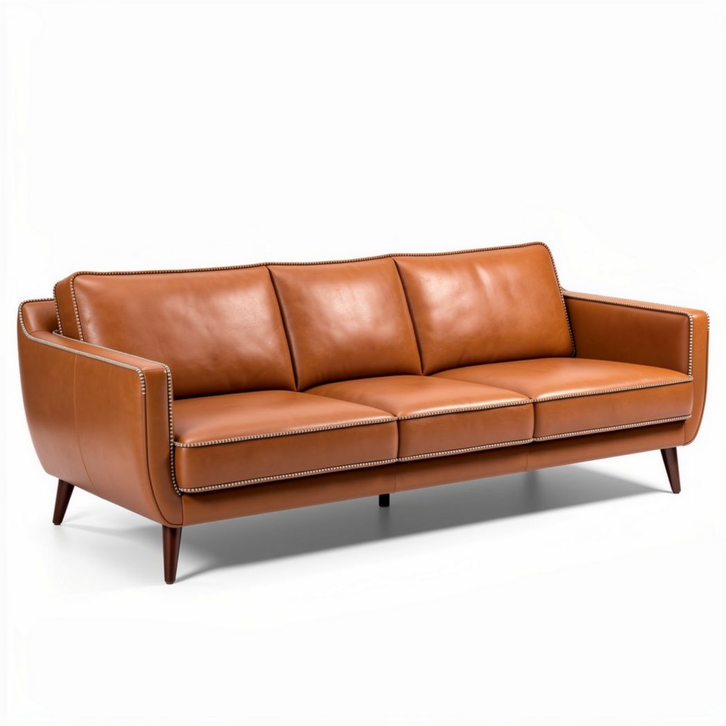 Leather three-seater sofa with mid-century modern design in brown 210 x 90 x 80cm