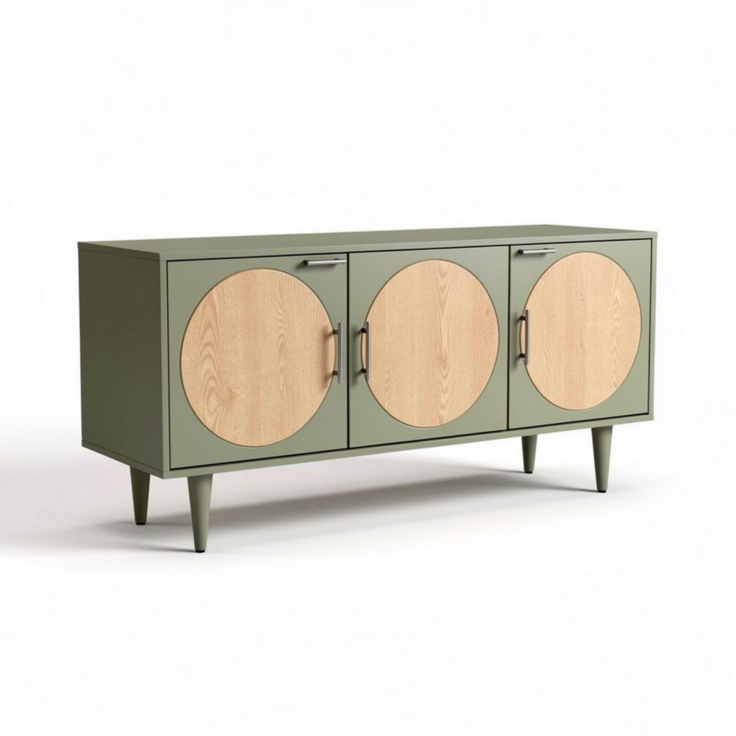 Green sideboard cabinet with three circular doors and wooden accents