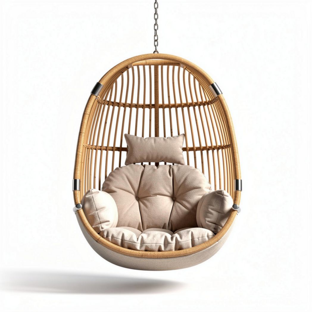 Hanging rattan chair with beige cushions for indoor and outdoor use