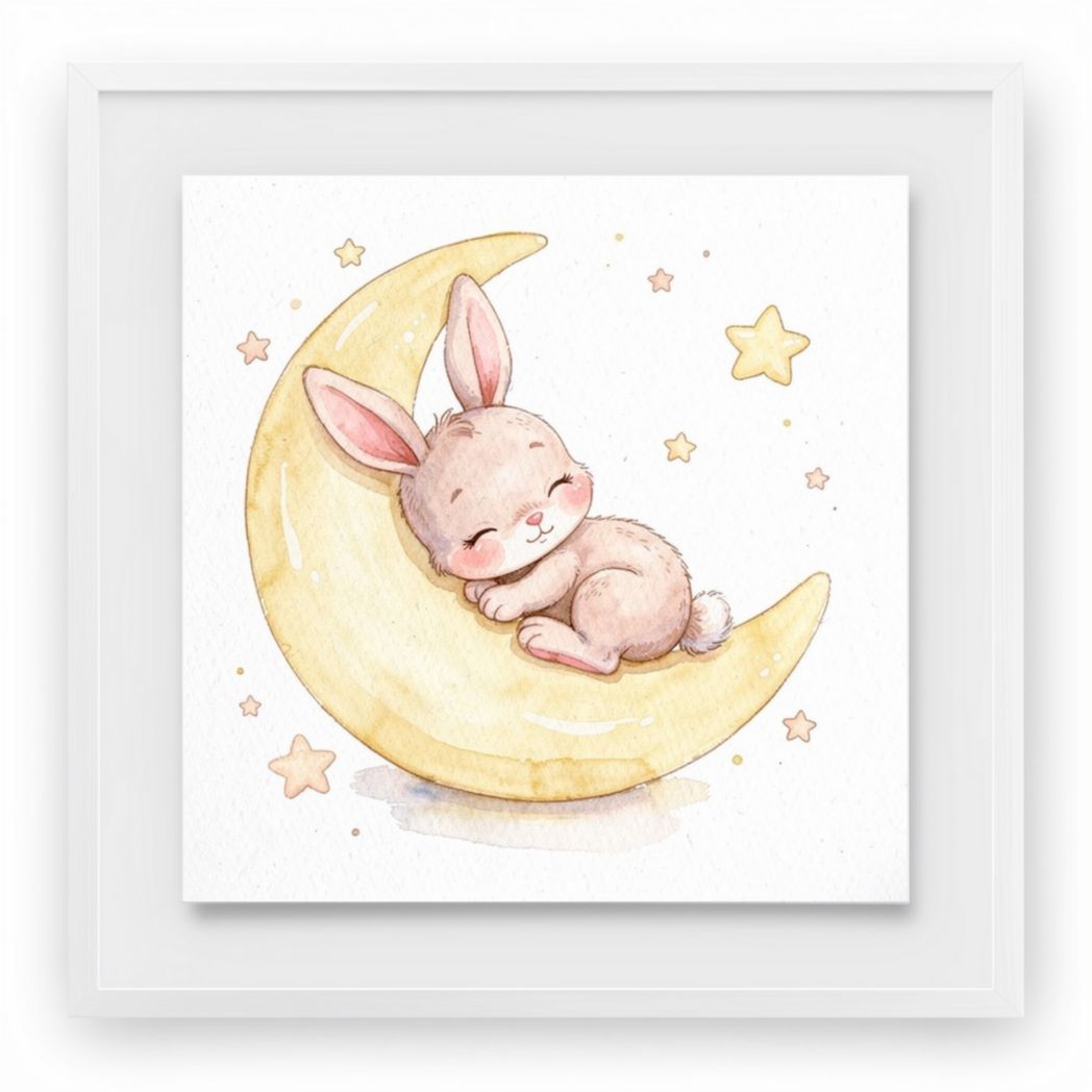 Baby bunny sleeping on moon watercolor wall art 15 x 15 x 1cm